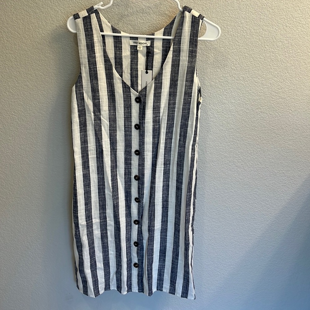 First Monday strip button front linen dress. New with tags